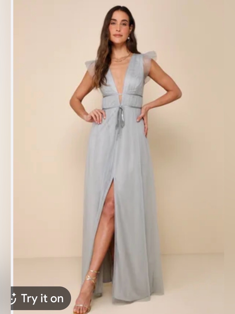 ✨ Lulu’s✨ Elegant Light Gray tulle V-Neck Maxi Dress with Front Slit